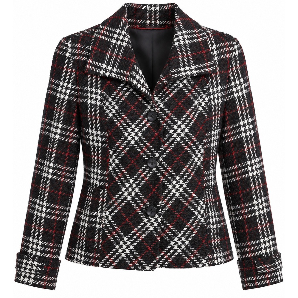 Chico's Plaid Button Front Jacket Size 2 Large Black Red White Textured Blazer